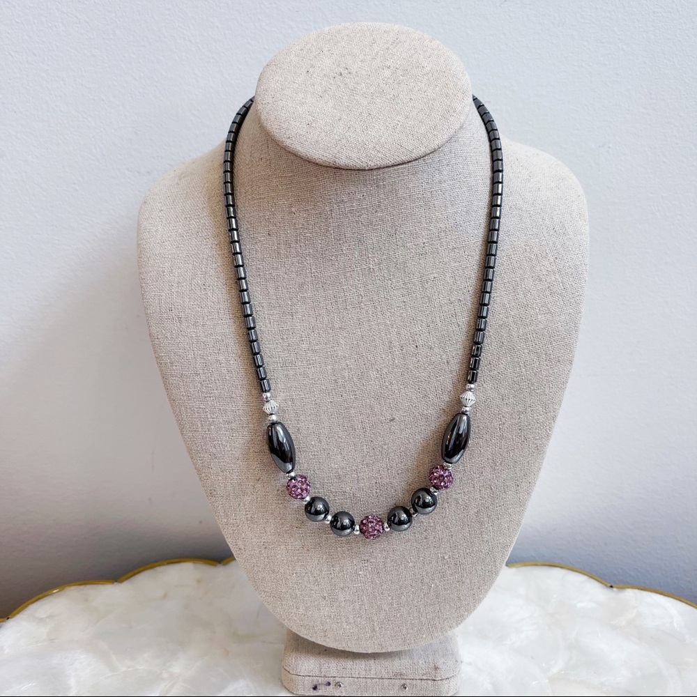 Hematite Gunmetal Beaded Pink Rhinestone Necklace